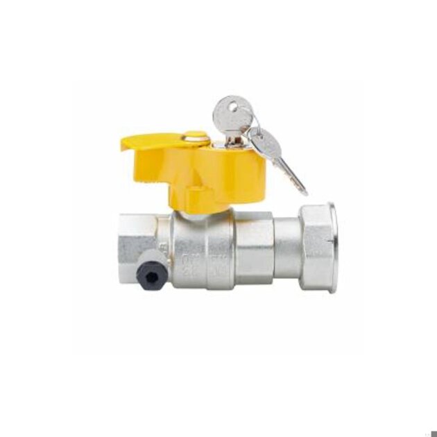 Valvola a sfera per gas da  1'  con chiave, girello e presa di pressione da  1/4